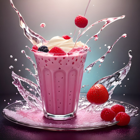 Fantasy generative AI mixes fruits and berries. Food background. A smoothie or milkshake is being prepared.の素材