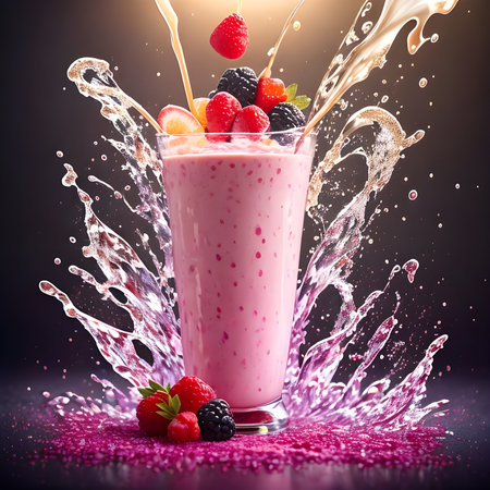 Fantasy generative AI mixes fruits and berries. Food background. A smoothie or milkshake is being prepared.の素材