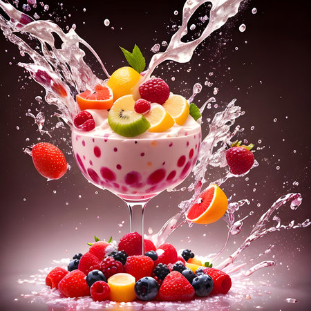 Fantasy generative AI mixes fruits and berries. Food background. A smoothie or milkshake is being prepared.の素材