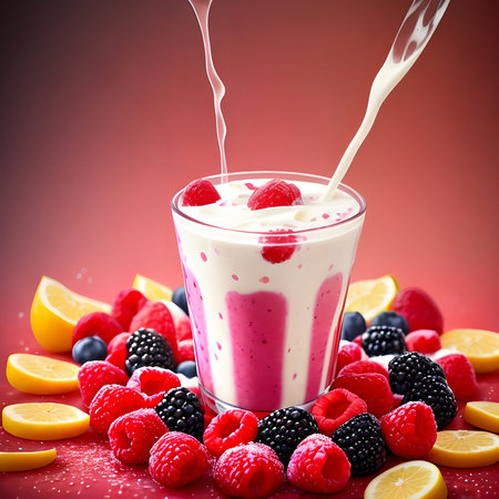 Fantasy generative AI mixes fruits and berries. Food background. A smoothie or milkshake is being prepared.の素材