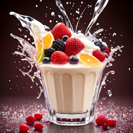 Fantasy generative AI mixes fruits and berries. Food background. A smoothie or milkshake is being prepared.の素材