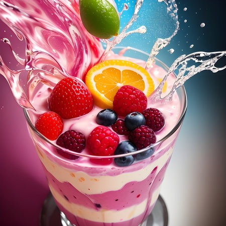 Fantasy generative AI mixes fruits and berries. Food background. A smoothie or milkshake is being prepared.の素材