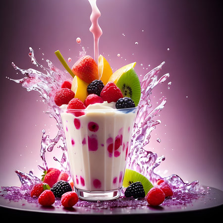 Fantasy generative AI mixes fruits and berries. Food background. A smoothie or milkshake is being prepared.の素材