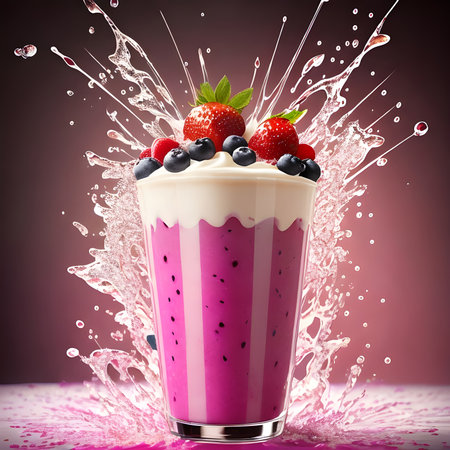Fantasy generative AI mixes fruits and berries. Food background. A smoothie or milkshake is being prepared.の素材