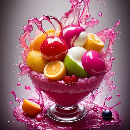 Fantasy generative AI mixes fruits and berries. Food background. A smoothie or milkshake is being prepared.の素材