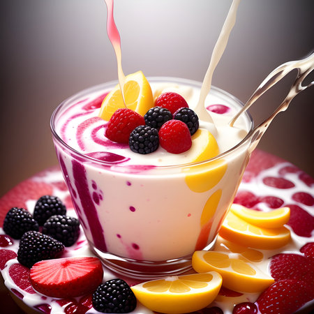 Fantasy generative AI mixes fruits and berries. Food background. A smoothie or milkshake is being prepared.の素材