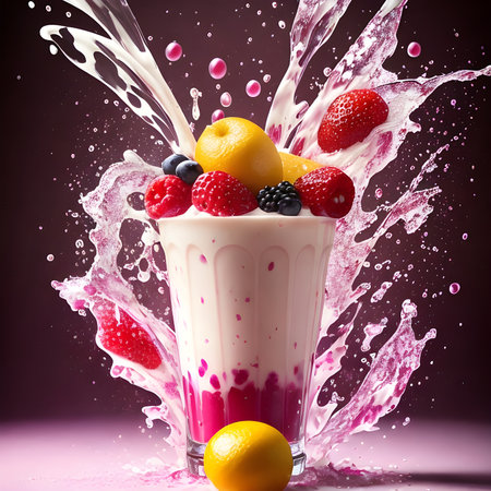 Fantasy generative AI mixes fruits and berries. Food background. A smoothie or milkshake is being prepared.の素材