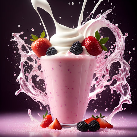 Fantasy generative AI mixes fruits and berries. Food background. A smoothie or milkshake is being prepared.の素材