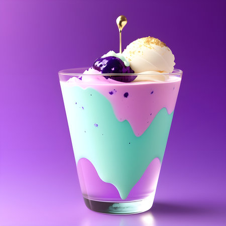 Fantasy generative AI Blueberry ice cream. Food background. Blueberry ice cream in a stylish modern glass.の素材