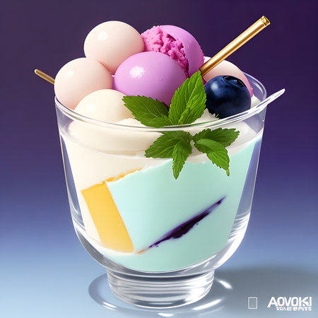 Fantasy generative AI Blueberry ice cream. Food background. Blueberry ice cream in a stylish modern glass.の素材