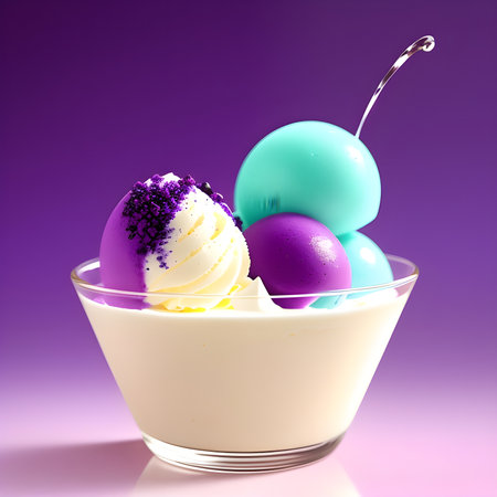 Fantasy generative AI Blueberry ice cream. Food background. Blueberry ice cream in a stylish modern glass.の素材