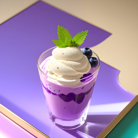 Fantasy generative AI Blueberry ice cream. Food background. Blueberry ice cream in a stylish modern glass.の素材