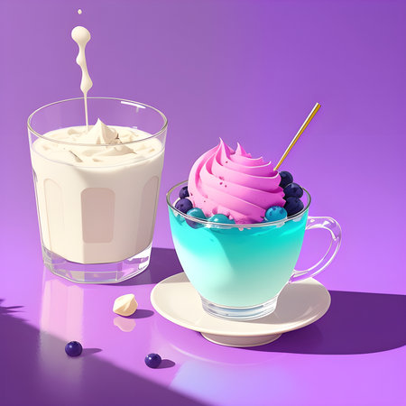 Fantasy generative AI Blueberry ice cream. Food background. Blueberry ice cream in a stylish modern glass.の素材
