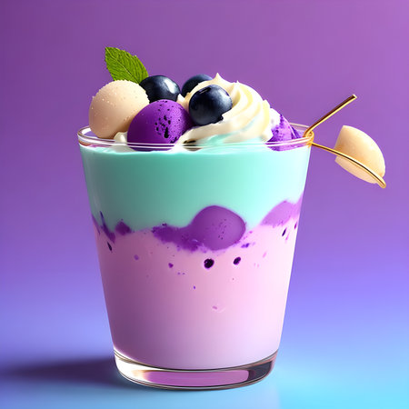 Fantasy generative AI Blueberry ice cream. Food background. Blueberry ice cream in a stylish modern glass.の素材