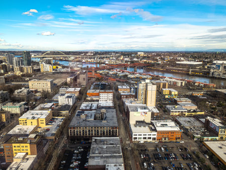 Views of Portland from a high point in the city. View from the window of the Portland City Grill seafood restaurant.の写真素材