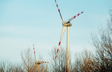Wind farm park next to a road in Austria in sunny weather.の写真素材