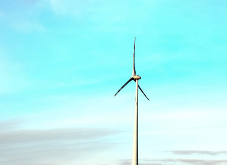 Wind farm park next to a road in Austria in sunny weather.の写真素材
