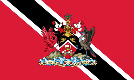 The official current flag and coat of arms of the Republic of Trinidad and Tobago. State flag of Trinidad and Tobago. Illustration.の写真素材