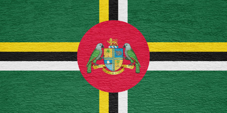 Flag and coat of arms of Commonwealth of Dominica on a textured background. Concept collage.の写真素材