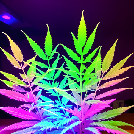 Generative AI. Glowing neon young marijuana plants. Colors of rainbow. Cannabisの素材