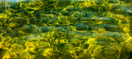 Background of the water of Lake Traunsee in the coastal area. Colorful texture of stones under...