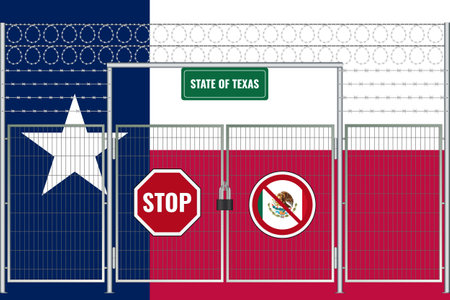 Texas flag behind barbed wire and a fence with a lock. The problem of illegal migrationのイラスト素材