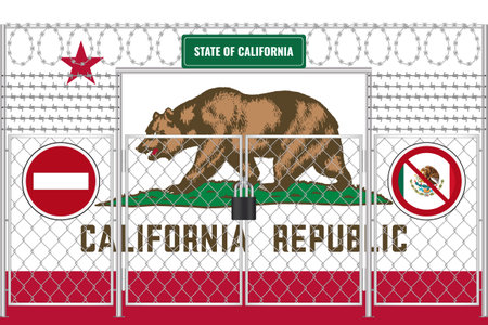 California flag behind barbed wire and a fence with a lock. The problem of illegal migration.のイラスト素材