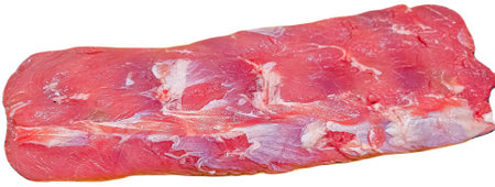 Fresh raw meat. Whole piece of Sirloin steaks in a row ready to cook. Isolated on white background.の写真素材