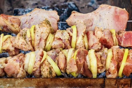 Cooking kebabs on a grill with smoke. Fresh brown BBQ meat cooked on an outdoor grill.の写真素材