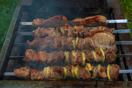 Cooking kebabs on a grill with smoke. Fresh brown BBQ meat cooked on an outdoor grill.の写真素材