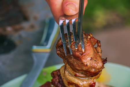 Cooked kebabs on the grill with smoke. Fresh brown BBQ meat cooked on an outdoor grill.の写真素材