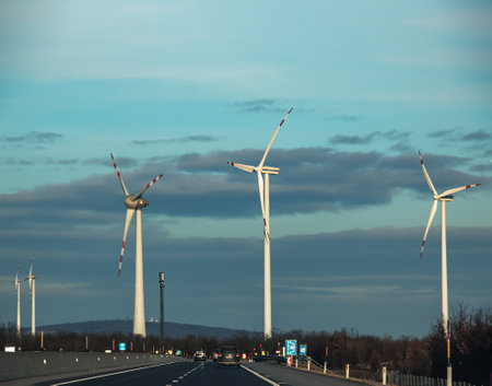 Austria, road to Vienna from Bratislava - 14/01/2024: Wind farm park next to a road in Austria in sunny weather.のeditorial素材