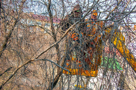 Dnepr, Ukraine - 03.20.2024: Municipal workers stand with a chainsaw in a crane basket and trim dangerous trees.のeditorial素材