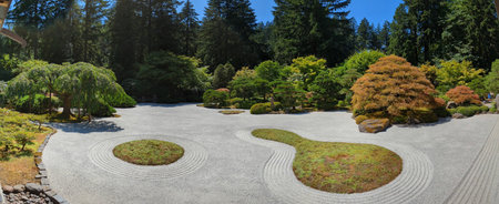 The Portland Japanese Garden is a traditional Japanese-style garden. Panorama. Portland, Oregon,...
