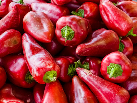 Freshly picked bell peppers for sale at an outdoor farmers market.の写真素材