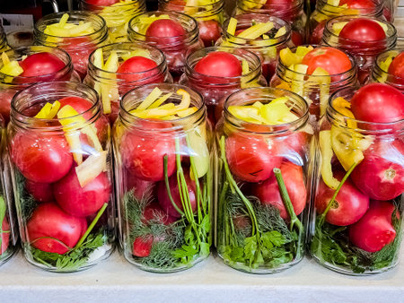 Glass jars with tomatoes for preservation. Canning vegetables at home. Organic products.の写真素材