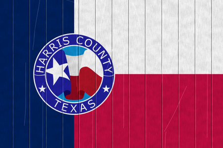 Flag of the city of Harris County, Texas, USA, on a background of a wooden fence. Conceptual collage.の写真素材
