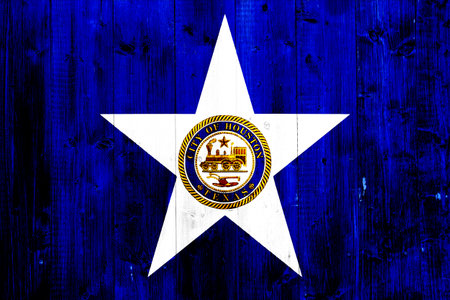 Flag of the city of Houston, Texas, USA, on a background of a wooden fence. Conceptual collage.