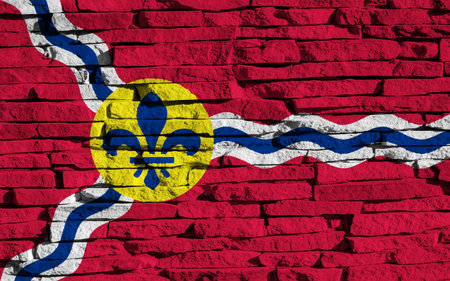 Flag of the city of Saint Louis, Missouri, USA, on a background of the stone wall. Conceptual collage.の写真素材