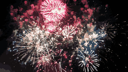 Colorful fireworks on a dark background. Colorful explosive fire show in the night sky. Vector...