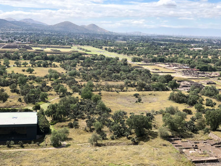 Panoramic view of Teotihuacan, Mexico City from main Pyramid of the Sun, the largest structure in the ancient city.の写真素材
