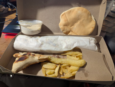Empanada is a traditional Argentine dish. Empanadas, French fries and cheese sauce in a delivery box.の写真素材