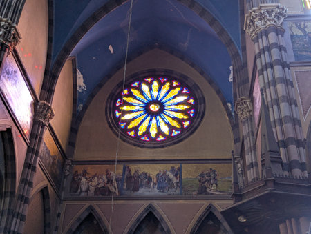 Inside the Church of the Sacred Heart of Jesus Capuchin Church in Cordoba, Argentina. Upper part. Stained glass windows.の写真素材