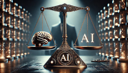 Ancient scales measure the balance between AI and human brain. Generative AI.の素材