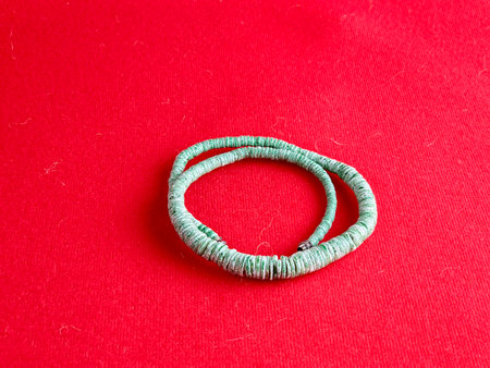 Handmade polished green shell pieces necklace as a gift for woman on red background. Natural jewelry. Summer jewelry.の写真素材