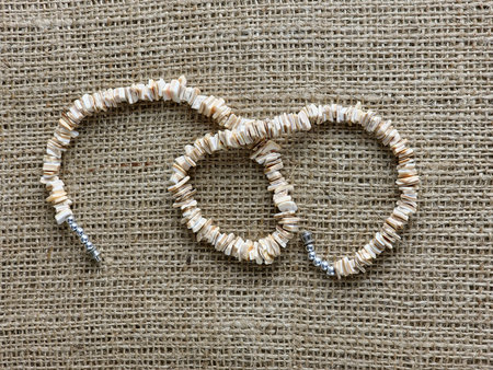 Handmade polished beige shell pieces necklace as a gift for a woman on beige background. Natural jewelry. Summer jewelry.の写真素材
