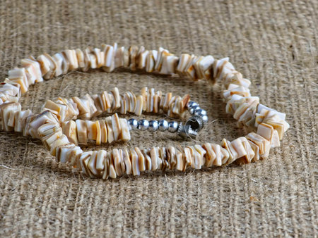 Handmade polished beige shell pieces necklace as gift for a woman on a beige background. Natural jewelry. Summer jewelry.の写真素材
