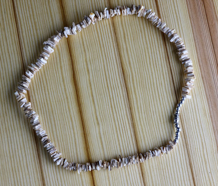 Handmade polished beige shell pieces necklace as a gift for a woman on a wooden background. Natural jewelry. Summer jewelry.の写真素材