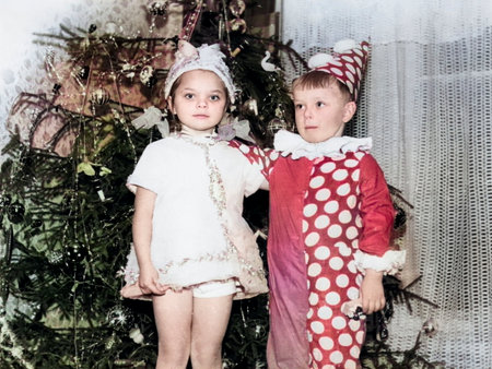Furstenberg, East Germany - December 31, 1970: Vintage portrait of a little girl and boy in New Year's costumes near a Christmas tree. Retro photo.のeditorial素材