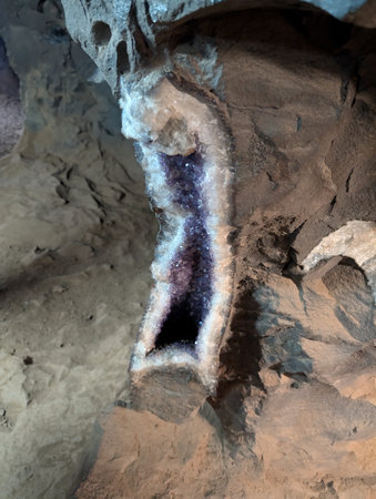 Close-up of the Amethyst Geode in basalt rock in a tunnel in the Wanda mines in Misiones Province, Argentina.の写真素材